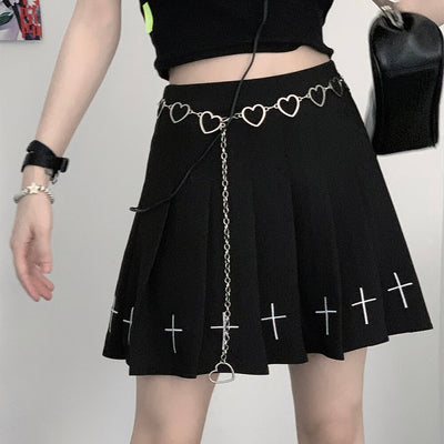 black-cool-cross-embroidery-pleated-kirt