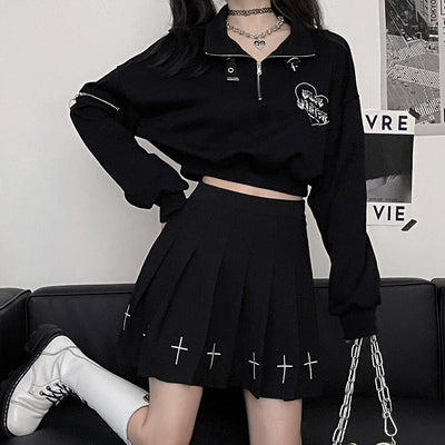 black-cross-embroidery-pleated-kirt-matched-with-black-crop-zip-up-sweatshirt