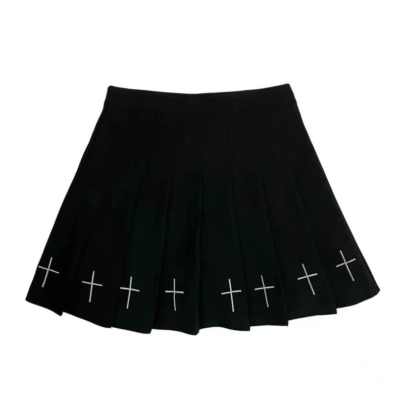 black-cross-embroidery-pleated-kirt-white-background