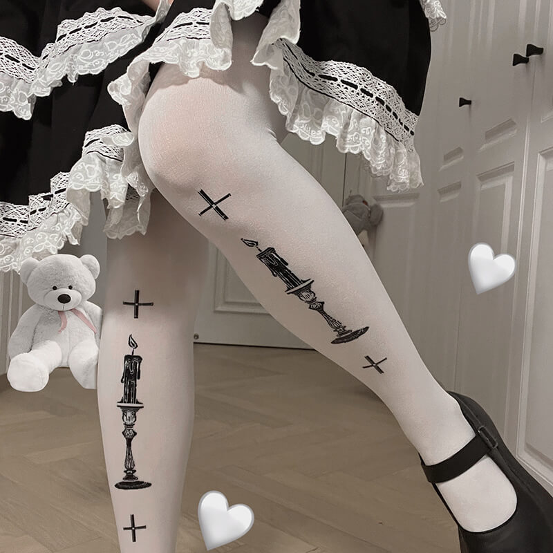 candle-and-cross-print-gothic-velvet-tights-white