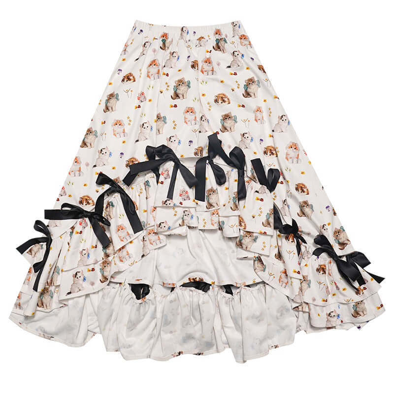 Falda larga irregular con lazos de cinta con estampado de gatos vintage