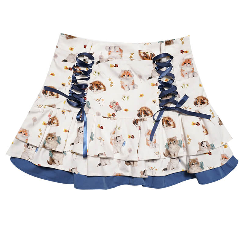 cats-print-lace-up-short-skirt