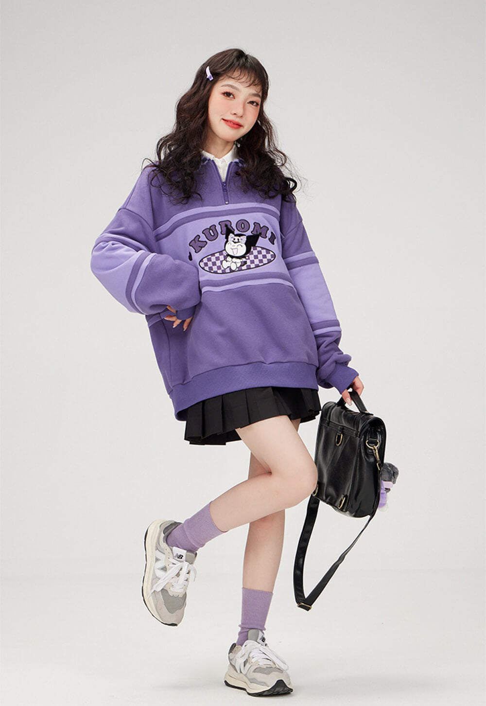 cheerful-kuromi-half-zip-sweatshirt-with-fluffy-checked-pattern-collar-outfit