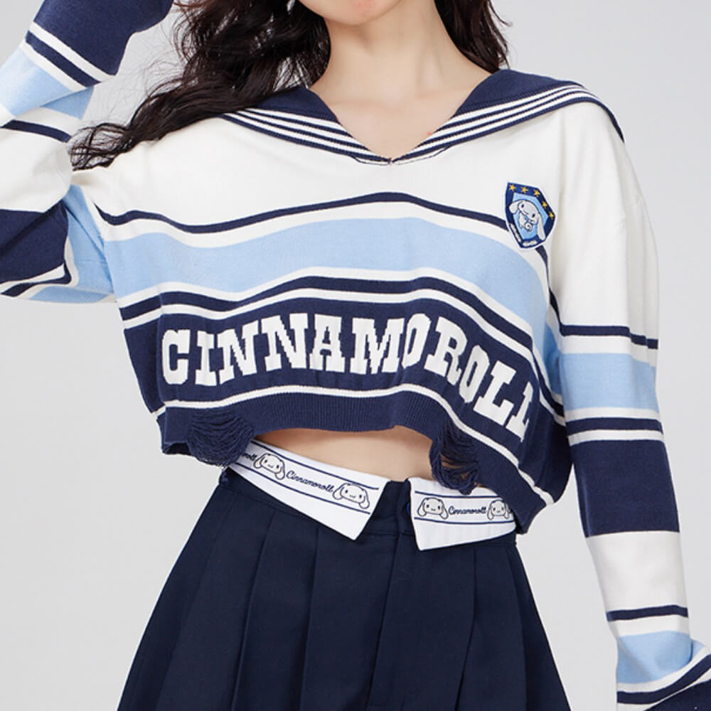 cinnamoroll-character-contrast-color-striped-sailor-collar-crop-sweater
