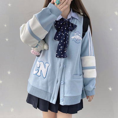 cinnamoroll-chenille-striped-patched-jersey-varsity-jacket-blue