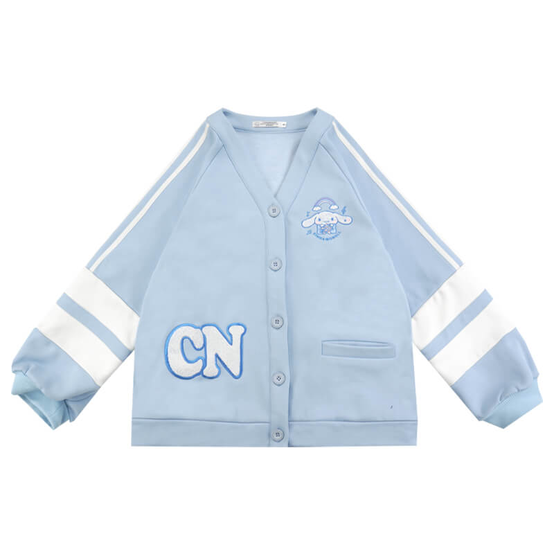 cinnamoroll-chenille-v-neck-striped-patched-jersey-varsity-jacket-in-blue