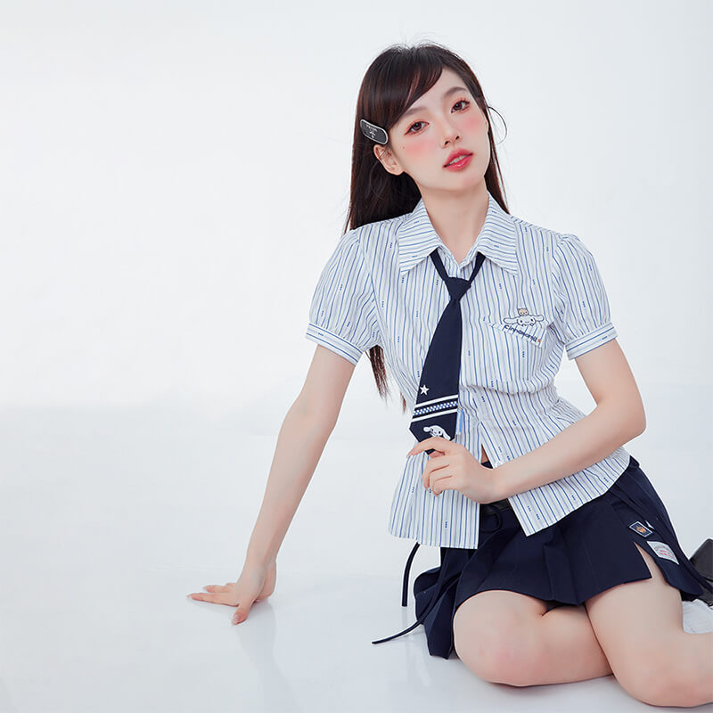 cinnamoroll-embroidery-stars-striped-pattern-cinched-waist-shirt-and-navy-blue-necktie