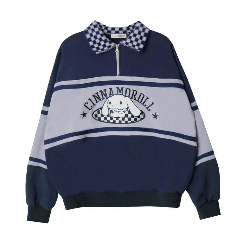 cinnamoroll-half-zip-sweatshirt-with-fluffy-checkered-pattern-collar-in-navy-blue