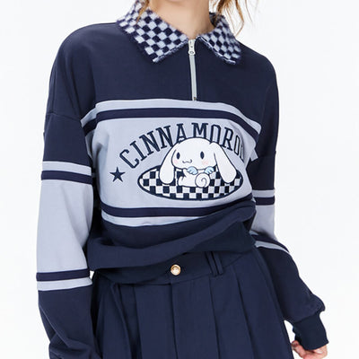 cinnamoroll-half-zip-sweatshirt-with-fluffy-checkered-pattern-collar