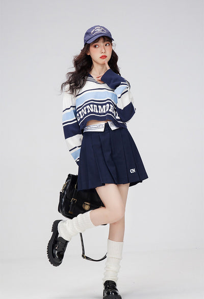 cinnamoroll-jk-outfit-block-color-striped-sailor-collar-crop-sweater-and-plain-navy-pleated-skirt