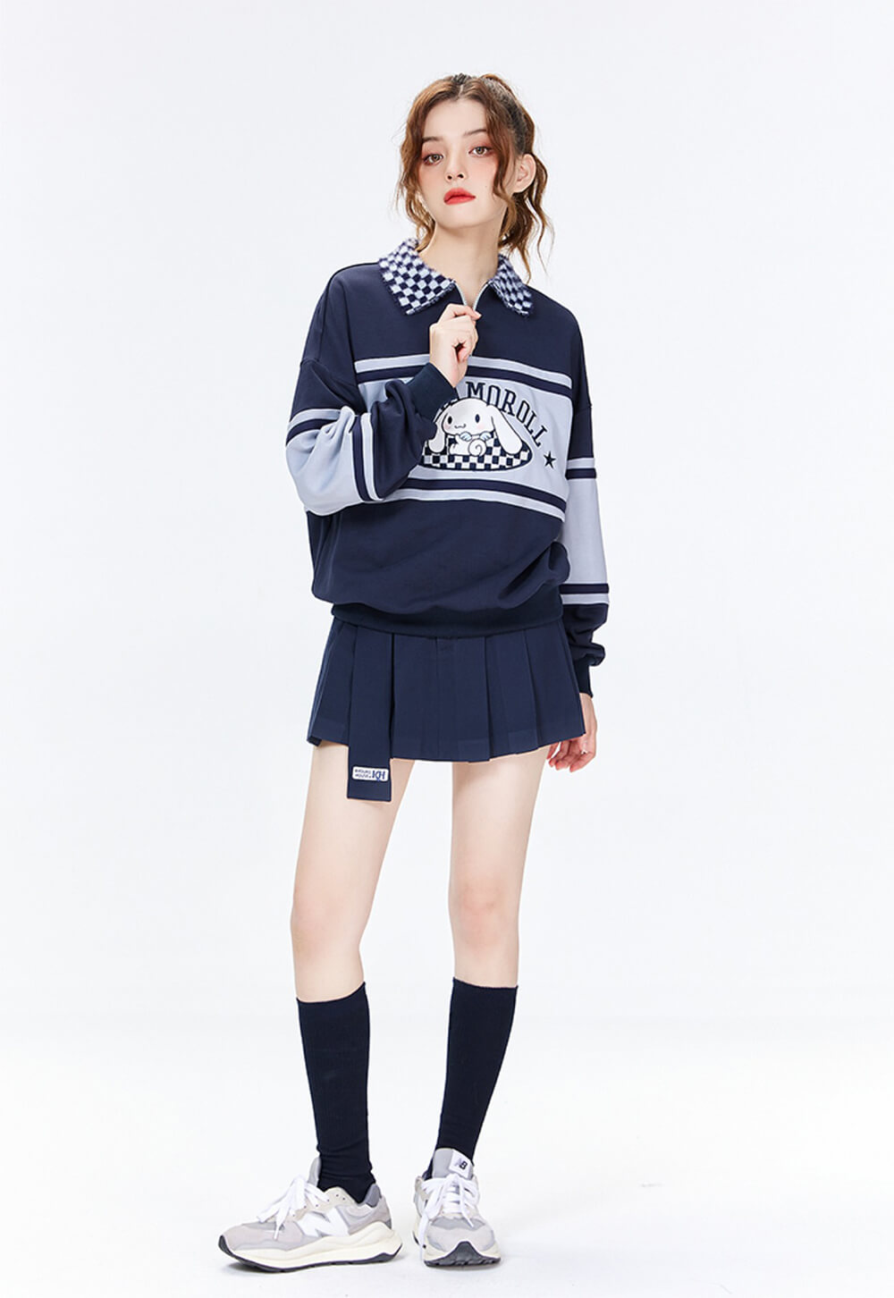cinnamoroll-outfit-half-zip-sweatshirt-with-fluffy-checkered-pattern-collar