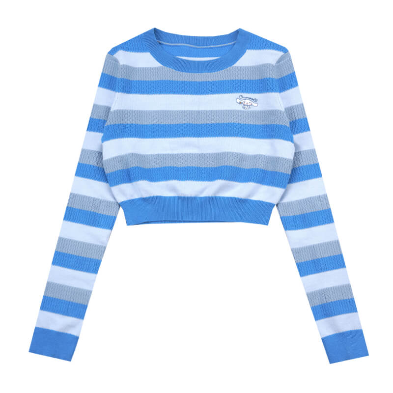 cinnamoroll-slim-fit-round-neck-striped-crop-sweater-in-blue