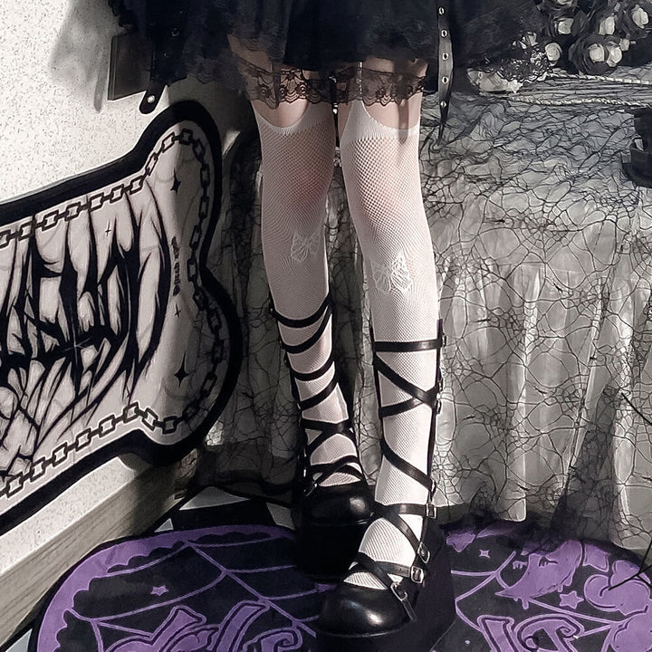 White Bowknot Pattern Fishnet Suspender Tights