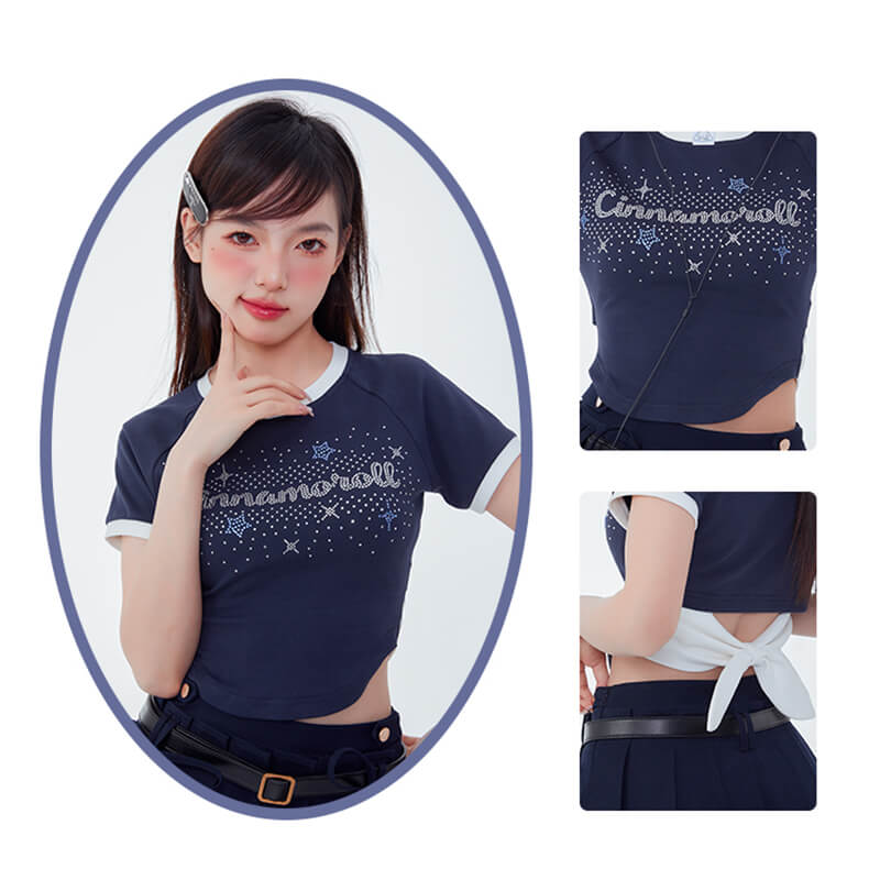 cute-bow-tie-back-crop-tee-with-front-rhinestone-cinnamoroll-letters-and-stars