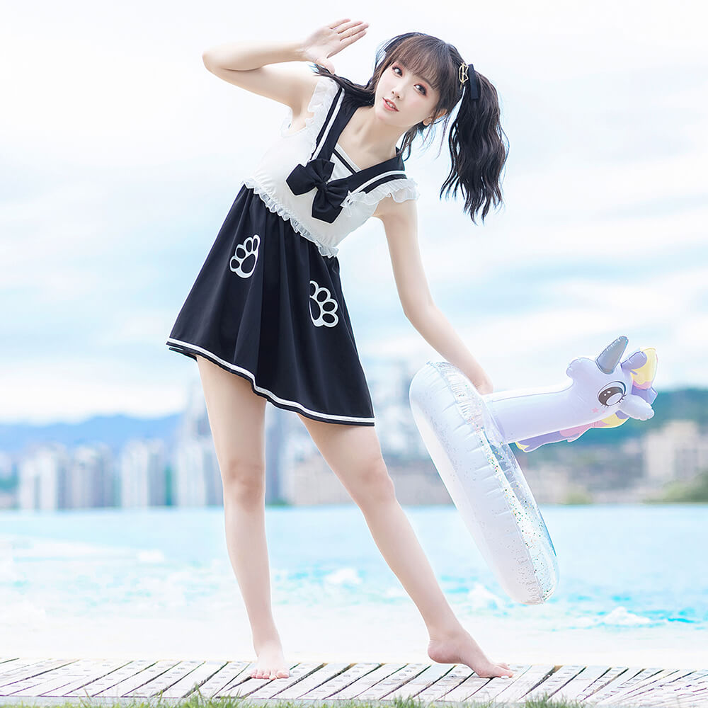 Cat Paw Sailor Collar Dress Swimwear KawaiiEnvy