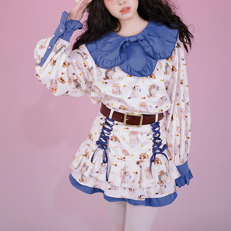 Cute Cats Print Ribbons Lace-up Layers Short Skirt - Kawaiienvy ...