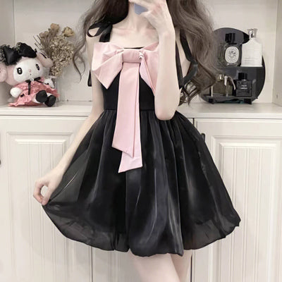 cute-front-big-bow-suspender-dress-black-pink-color