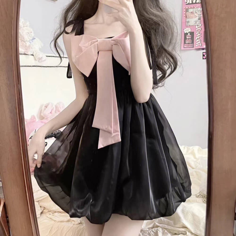 cute-front-big-bow-suspender-dress-flower-bud-dress-black-pink-color