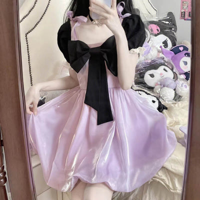 cute-front-big-bow-suspender-dress-flower-bud-dress-plain-purple-black-bow