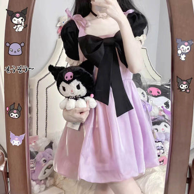 cute-front-big-bow-suspender-dress-flower-bud-dress-purple-black-color-with-kuromi-in-hand