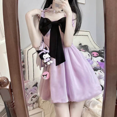 vcute-front-big-bow-suspender-dress-flower-bud-dress-purple-black-color