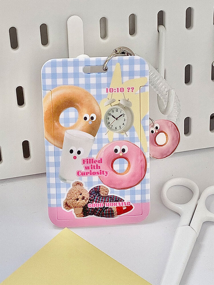 cute-morning-graphic-print-card-holder-keychain-with-donut-pendant