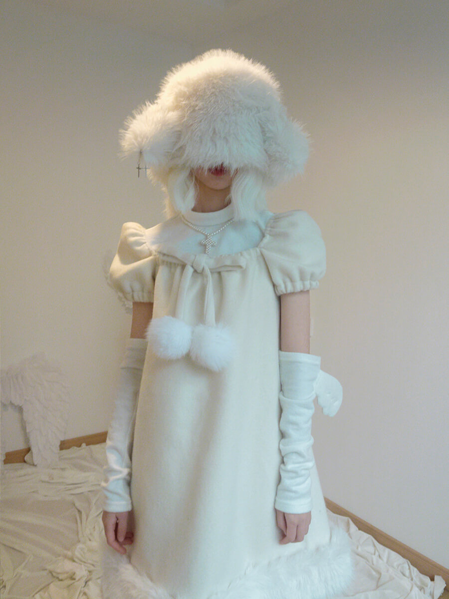 Pom Pom Bow Square Neck Puff Sleeve Back Wings Cream Dress