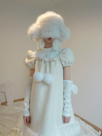 cute-pom-pom-bow-decor-puff-sleeve-square-neck-cream-white-dress-matched-with-white-sheep-ears-furry-hat