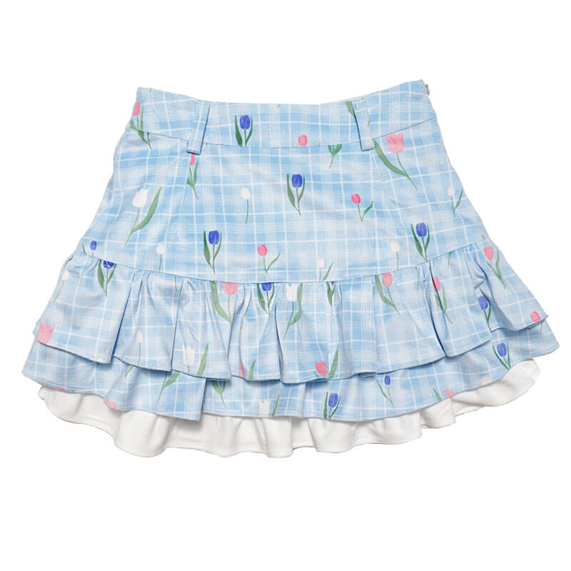 Sweet Tulip Print Ribbon Layers Short Puffy Skirt