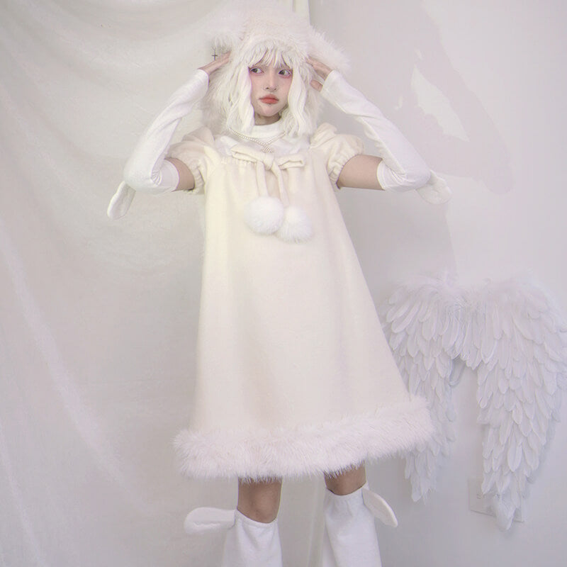 cute-white-ootd-styled-by-pom-pom-bow-decor-puff-sleeve-cream-dress-and-wings-leg-warmers-and-white-furry-hat