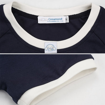 details-display-of-the-round-neckline-and-cinnamoroll-woven-label-and-short-sleeve