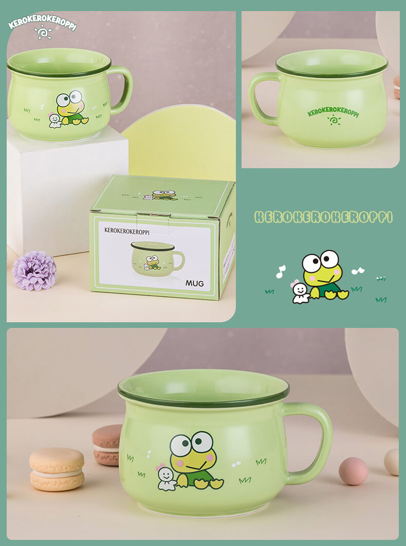 details-display-of-the-sanrio-kerokerokeroppi-green-ceramic-breakfast-mug-370ml