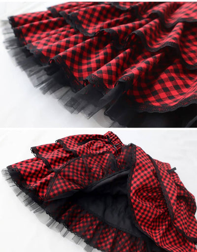 details-of-the-red-plaid-lace-cake-mini-skirt