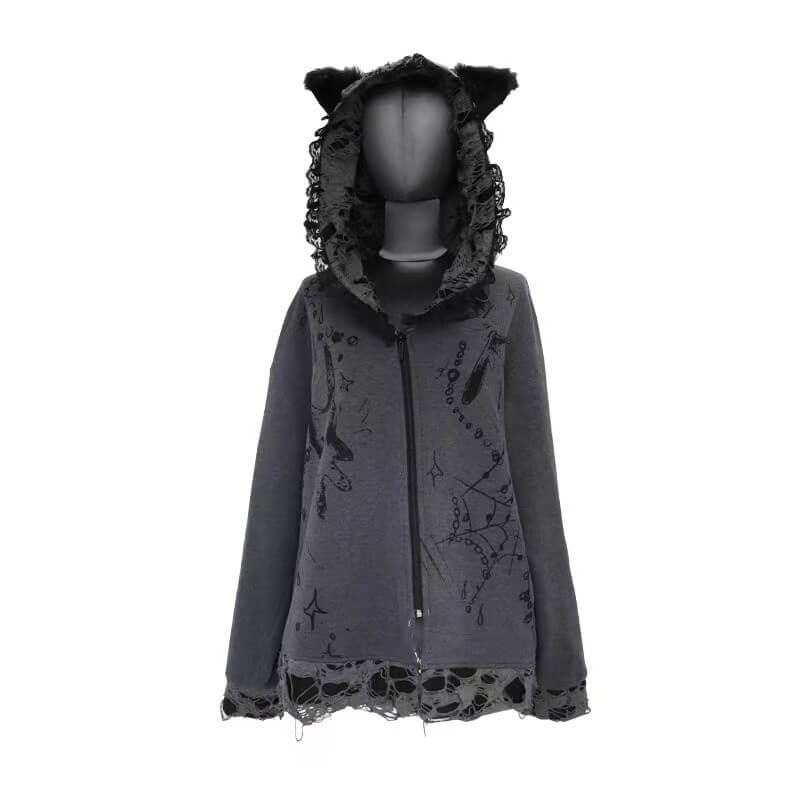 Distressed Puppet Ripped Cat Ear Hooded Zipper Coat – KawaiiEnvy