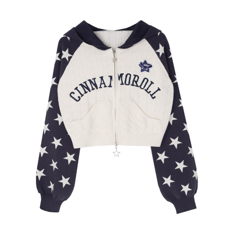 embroidery-cinnamoroll-front-open-double-zipper-cable-knit-hoodie-jacket-fourpointed-star-pattern