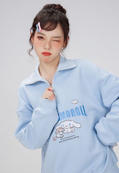 embroidery-cinnamoroll-half-zip-stand-collar-sweatshirt-in-blue