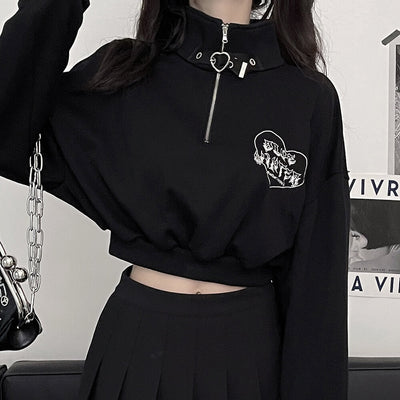 embroidery-half-zip-crop-sweatshirt-with-heart-buckle-plain-black-color