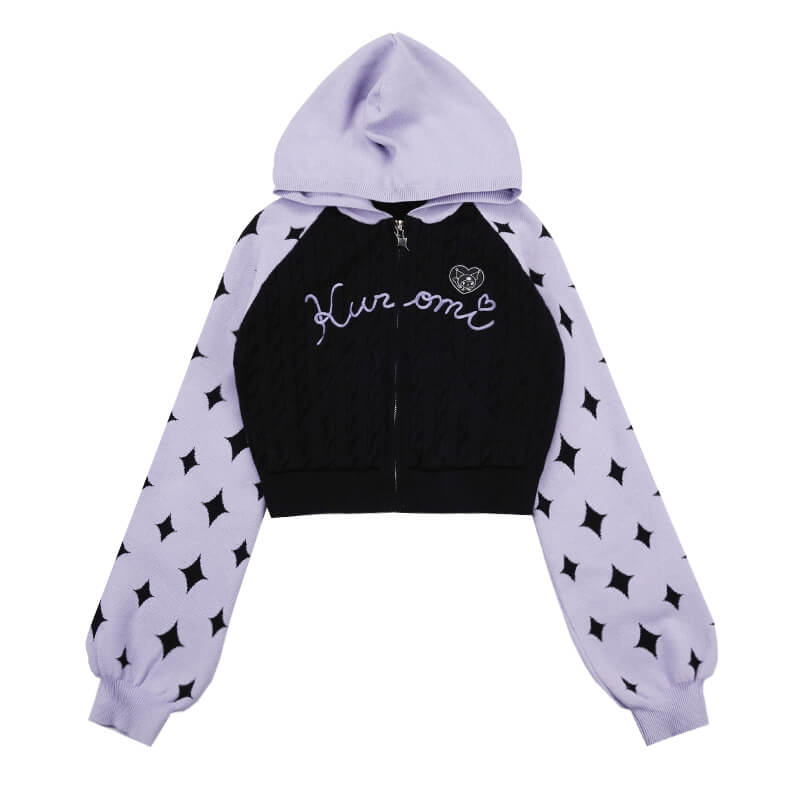 embroidery-kuromi-graphic-fourpointed-star-pattern-zip-up-cable-knit-crop-hoodie-jacket-in-black-purple