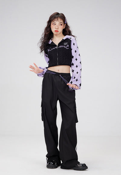 embroidery-kuromi-zip-up-cable-knit-crop-hoodie-with-fourpointed-stars-pattern
