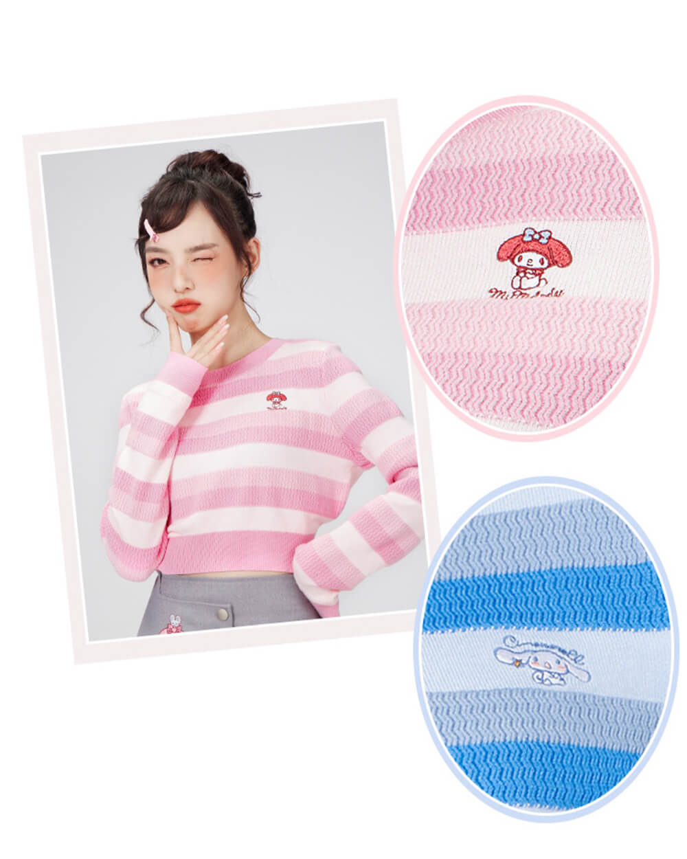 embroidery-my-melody-and-cinnamoroll-slim-fit-round-neck-striped-crop-sweater