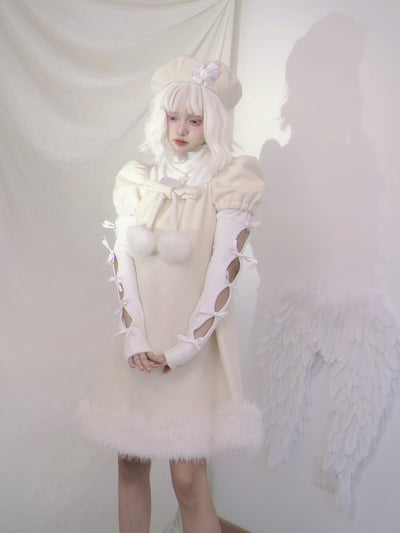 fairy-sweet-pom-pom-bow-decor-puff-sleeve-square-neck-cream-white-dress