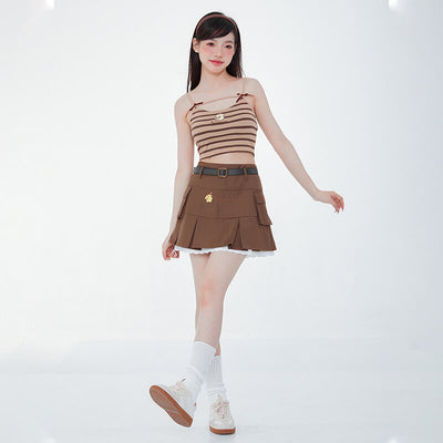 fashiongirl-summer-outfit-style-with-pompompurin-embroidery-khaki-and-brown-striped-spaghetti-strap-sleeveless-top-and-brown-mini-skirt