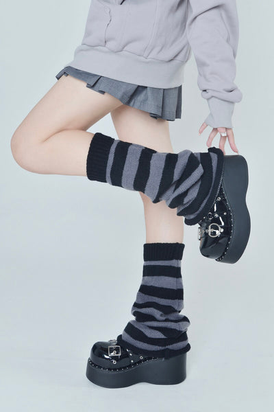 flared-striped-knitted-leg-warmer-socks-in-black-grey