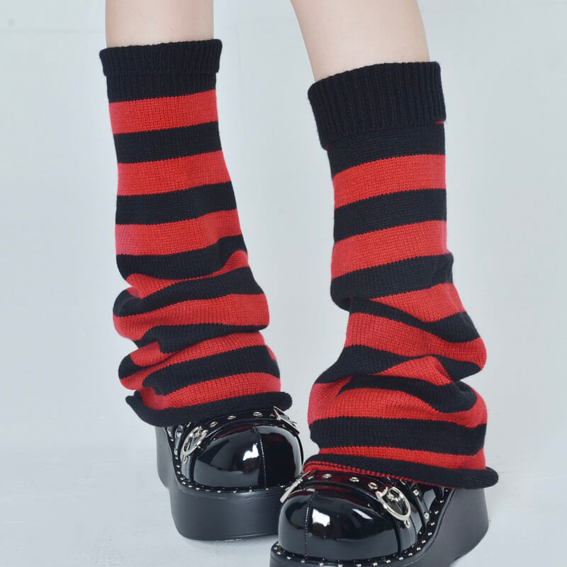 flared-striped-knitted-leg-warmer-socks-in-black-red