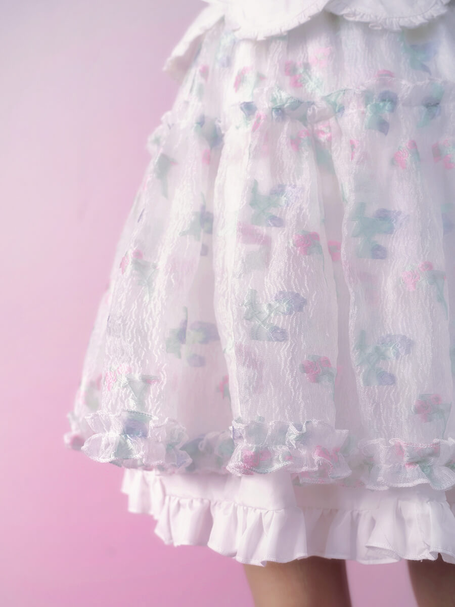 White Plain Jacquard Layered Fluffy Skirt - Kawaiienvy