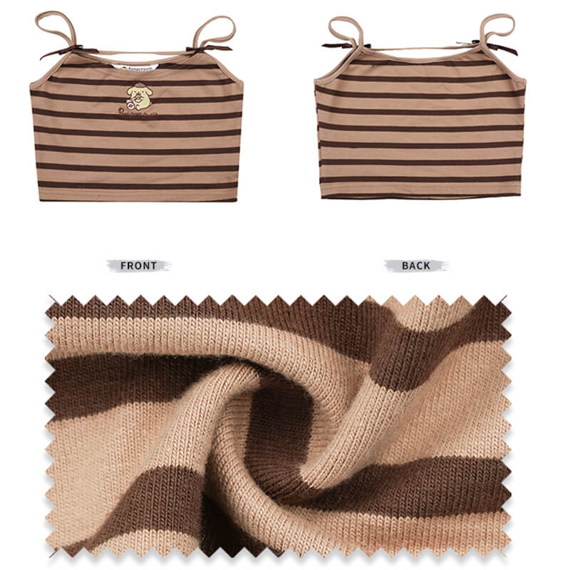 front-and-back-display-of-pompompurin-embroidery-brown-striped-spaghetti-strap-sleeveless-top