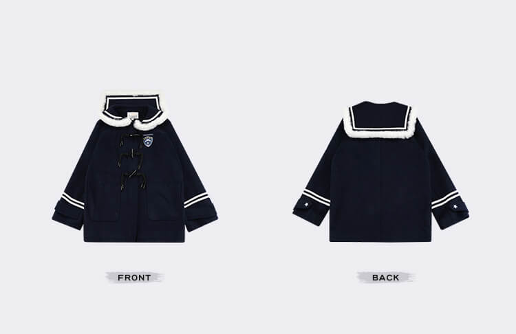 front-and-back-display-of-the-cinnamoroll-fuzzy-sailor-collar-tassels-horn-button-navy-duffle-overcoat