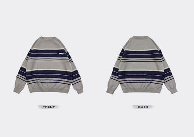 front-and-back-display-of-the-cinnamoroll-round-neck-striped-sweater