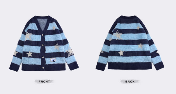 front-and-back-display-of-the-cinnamoroll-star-striped-v-neck-sweater-cardigan