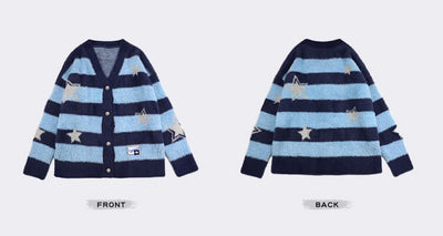 front-and-back-display-of-the-cinnamoroll-star-striped-v-neck-sweater-cardigan